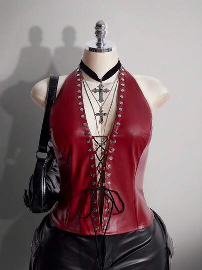 SHEIN ICON Plus Size Y2K Style Burgundy Halter Deep V-Neck Rivet Decor Backless Top, Music Festival Outfit