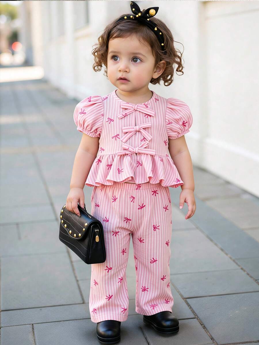 Bubblio Baby Girl Ruffle Trim Bow & Striped Print Shirt And Pants Casual Outfit - Light Wash - View 1