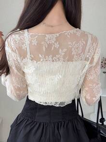 FRIFUL Women's Front Tie Long Sleeve Lace Blouse - White - View 2