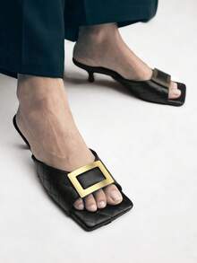 Mnmlis Giày sandal cao gót mũi vuông dành cho nữ, gót mỏng, kiểu dáng cổ chữ V, thời trang nổi tiếng trên mạng, dép hở mũi mùa hè. - màu đen - Xem 9
