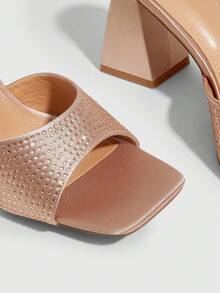 CUCCOO SZL 女鞋 新款简约时尚高跟鞋 配色布艺粗跟 特殊鞋跟 方头 亮片水钻 性感百搭 通勤 节日 春夏 四季 职场 派对 约会 街头时尚 经典凉鞋 优雅女鞋 - 香檳色 - 查看 5