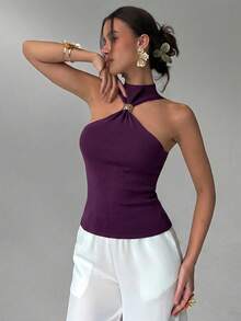 Aloruh 女士优雅简约现代金属装饰船领露肩套头针织毛衣，夏季针织上衣 - 紫色 - 查看 8