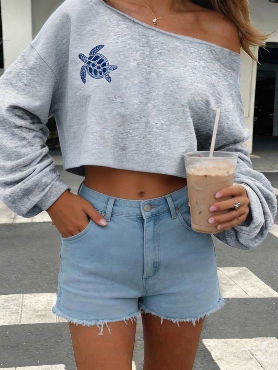 SHEIN EZwear Women's Off-Shoulder Cropped Sweatshirt, Suitable For Fitness, Dancing, Autumn/Winter, Loose Fit Casual Crew Neck Long Sleeve Thick Sweatshirt - Multicolor - View 1