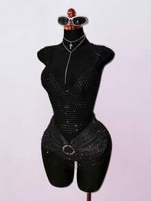 EgrlEra Rochie de petrecere pentru femei, cu decolteu adânc în V, sexy, transparentă, din material tip plasă cu strasuri, potrivită pentru petreceri de sărbători, ținute de club - Negru - Vizualizare 6