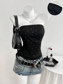 Elamini 女士休闲简约水钻装饰抹胸露脐上衣 - 黑色 - 查看 4