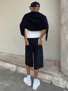 Ngobest Haus Ngobest Haus Men's Casual Loose Fit Distressed Denim Wide Leg Shorts - Black - View 4