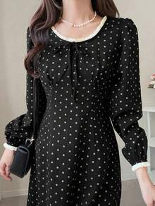 FRIFUL Patchwork Contrast Color Lace Trim Long Sleeve Cinched Waist Polka Dot Sweet Casual Versatile Dress Sundress - Black - View 4