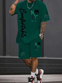 Manfinity RSRT Men's Retro American Street Style Letter M & NY Palm Tree Graphic Round Neck Casual Suit, Men's Round Neck Vacation Casual Suit - Green - View 1