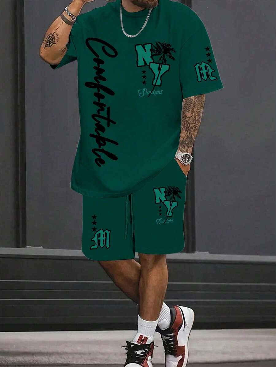 Manfinity RSRT Men's Retro American Street Style Letter M & NY Palm Tree Graphic Round Neck Casual Suit, Men's Round Neck Vacation Casual Suit - Green - View 1