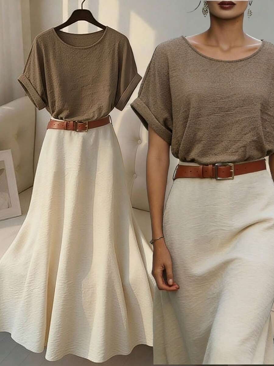 Franclia 休闲针织上衣搭配卡其色中长裙，腰带款式，春夏两件套，适合日常、通勤、度假穿着。 - 卡其色 - 查看 1