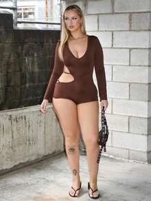Arliah Chic Solid Color Backless Criss-Cross Asymmetrical Sexy Jumpsuit - Brown - View 6