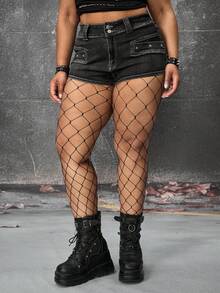 ROMWE Grunge Punk Quần short denim rách họa tiết đầu lâu đính đinh tán dành cho nữ cỡ lớn mùa hè. - màu đen - Xem 7