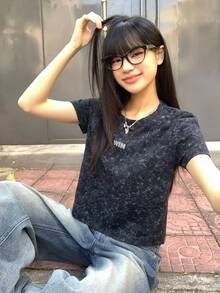 DAZY 女士圆领字母图案休闲百搭日常短袖T恤 - 黑色 - 查看 9