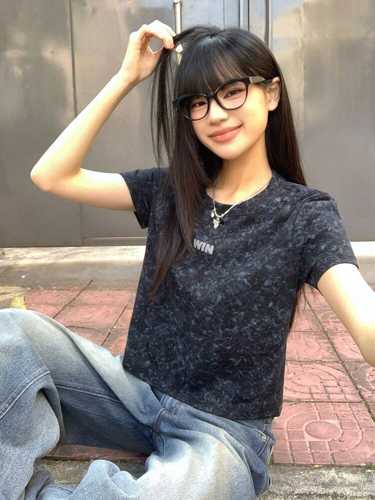 Women's Round Neck Letter Graphic Casual Versatile Daily Wear Short Sleeve T-Shirt