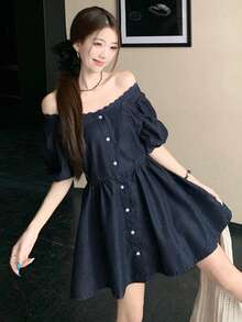 DAZY Women's Lace Casual Puff Sleeve Retro Denim Blouse - Blue - View 5