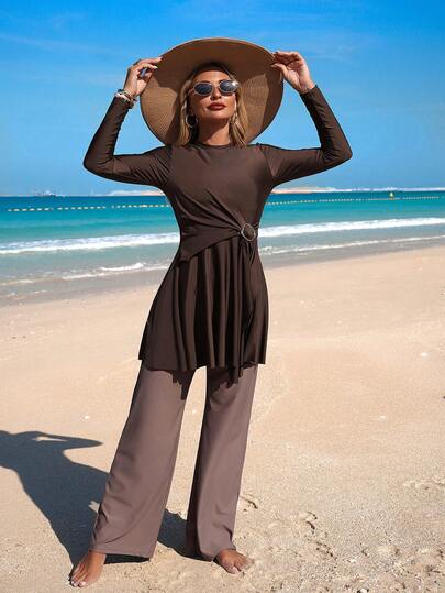 Swim Mulvari Women's New Solid Color 2 Pieces Swimsuit Set, Dress + Straight Pants, Fashionable & Conservative Burkini For Beach, Resort & Leisure, Spring/Summer