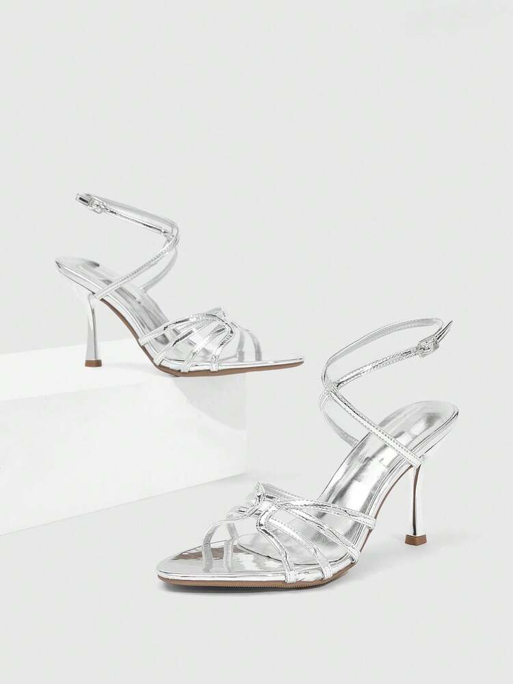 CUCCOO SZL Women Shoes Spring And Summer New Silver Round Toe Thin High Heel Thin Strip With Ankle Strap Women's High Heel Sandals Fashionable Comfortable Versatile Sexy Party Women's Sandals Women's Shoes Prom Heels