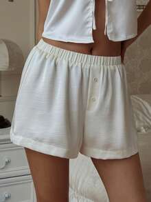 DAZY Quần short satin tối giản màu trơn nữ, quần ngủ thoải mái cho đồ ngủ mùa hè - trắng - Xem 7