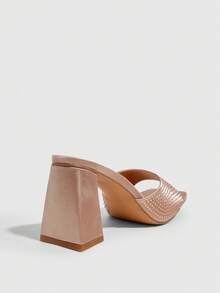 CUCCOO SZL 女鞋 新款简约时尚高跟鞋 配色布艺粗跟 特殊鞋跟 方头 亮片水钻 性感百搭 通勤 节日 春夏 四季 职场 派对 约会 街头时尚 经典凉鞋 优雅女鞋 - 香檳色 - 查看 3