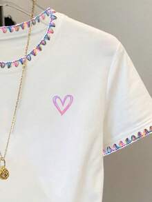 Resyla Women's Contrast Trim Heart Print Casual Round Neck Short Sleeve T-Shirt, Summer - White - View 3