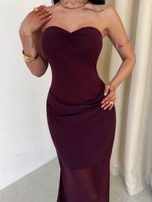 Firerie Women's Elegant Romantic Strapless Ruched Dress With Mesh Overlay, Suitable For Wedding - Red Violet - View 5