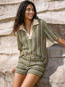 Maija Women's Striped Short Sleeve Polo Neck Cover Up - Army Green - View 3