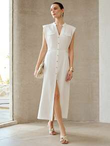 MOTF PREMIUM FASHIONABLE DESIGN SLEEVELESS WAIST TIE ADJUSTABLE LINEN MIDI DRESS FOR WOMEN - White - View 1