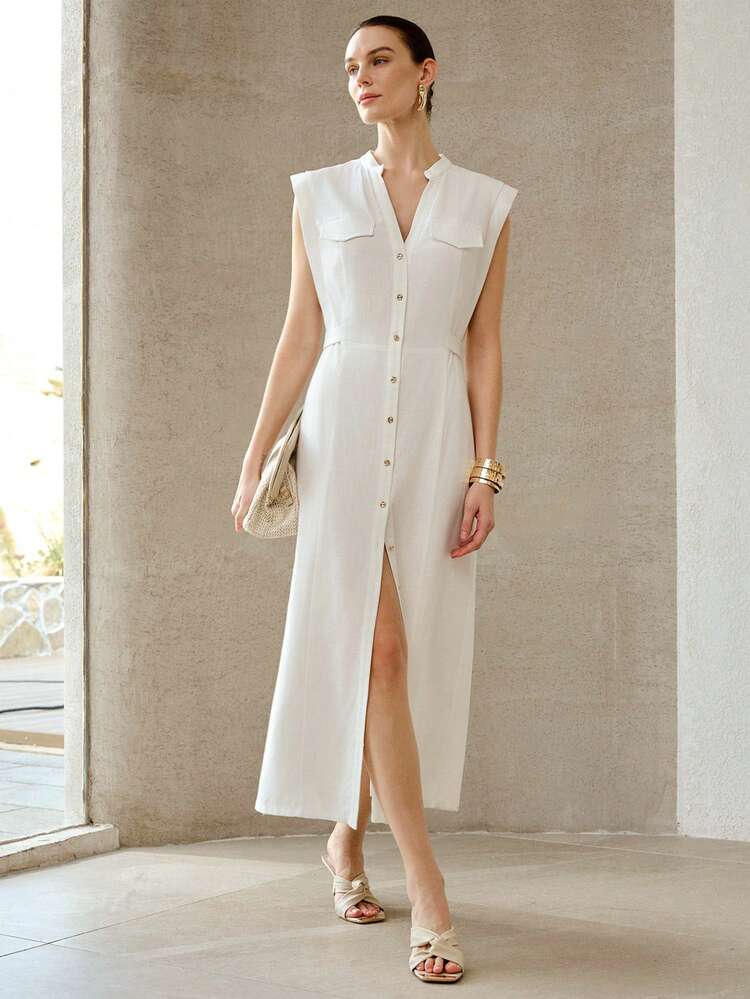 FASHIONABLE DESIGN SLEEVELESS WAIST TIE ADJUSTABLE LINEN MIDI DRESS FOR WOMEN