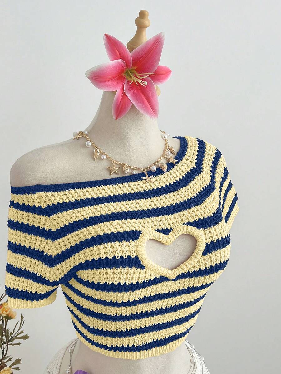 Elamini 女士彩色条纹镂空爱心休闲套头针织衫，时尚百搭，适合海滩/度假穿着，春夏款 - 彩色 - 查看 1