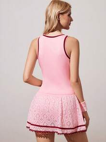 CourtClass Women's Striped V-Neck Tank Top And Geometric Hollow-Out Tennis Skirt Set - Pink - View 2