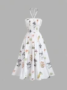 Sweetra Plant Print Backless Dress, Casual Vacation Style For Women, Spring/Summer - Multicolor - View 1