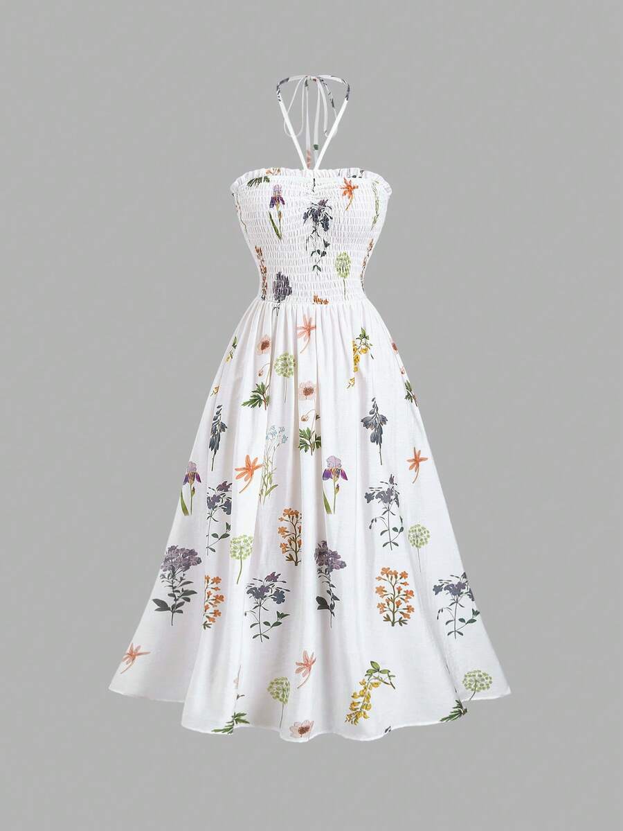 Sweetra Plant Print Backless Dress, Casual Vacation Style For Women, Spring/Summer - Multicolor - View 1