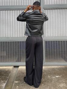 Ngobest Haus Ngobest Haus Men's Solid Color Waist Buckle Design Pocket Flared Leg Pants Japanese Pants Baggy Black Pants Oversized Pants Loose Pants Designer Pants - Black - View 2