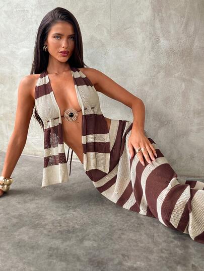 Aloruh سترة بوهيمية مزينة بالكروشيه والشرائط والمعدن مع تصميم الرقبة الحالك + تنورة طويلة، للربيع/الصيف