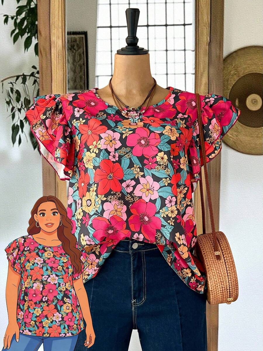 Rusticease Plus Size Women Floral Print Round Neck Ruffle Sleeve Loose Blouse For Summer/Flower/ Vacation Summer Top Summer Summer Spring Spring Women Spring Country Style For Women - Multicolor - View 1