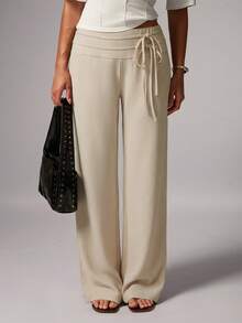 Avenya Women's Solid Color Drawstring Waist Casual Versatile Wide Leg Pants For Daily Wear - Khaki - View 3
