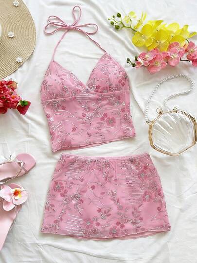 TRNVIE Women's Sweet Romantic 2-Piece Set, V-Neck Backless Top And A-Line Skirt Set, Floral Embellished With Sequins And Beads, Suitable For Summer Vacation And Valentine's Day Outfit