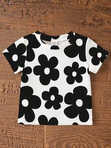 SHEIN Vintaside Kids 一套女婴休闲可爱碎花短袖圆领T恤和短裤套装，适合外出和度假，春夏季穿着。 - 彩色 - 查看 6