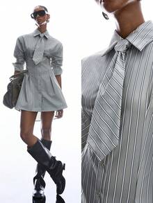 LYSMO 女士领带条纹休闲通勤衬衫裙 - 彩色 - 查看 4