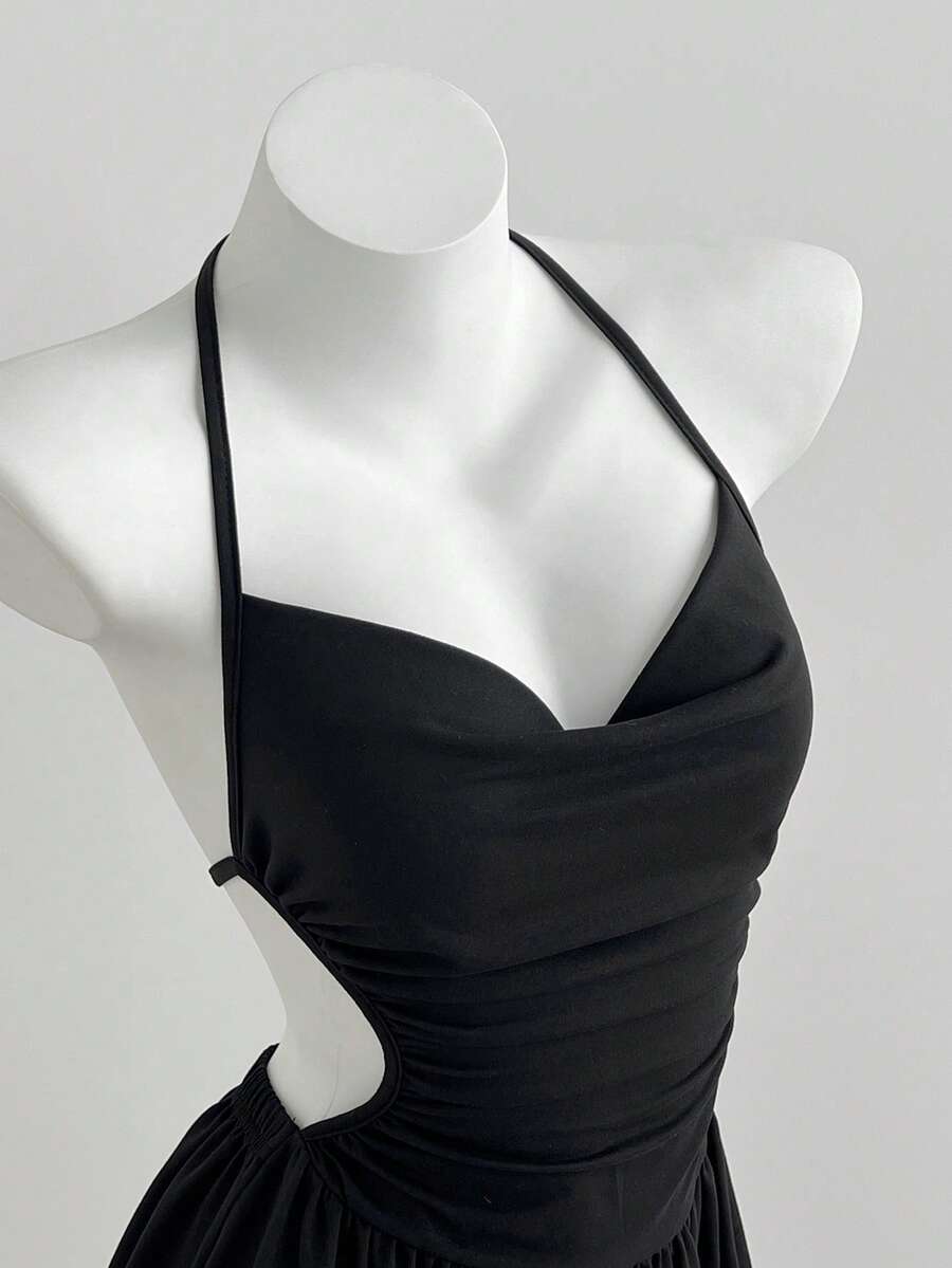 Elamini 女士夏季休闲黑色镂空深V领连体裤 - 黑色 - 查看 1