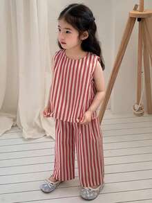 DAZY Bộ đồ 2 món áo không tay cổ tròn kẻ sọc kiểu Hàn Quốc cho bé gái sơ sinh/trẻ nhỏ: áo và quần. - Hồng - Xem 6