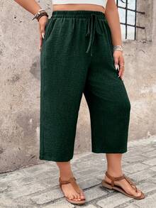 EMERY ROSE Quần dài nữ cỡ lớn kiểu dáng thường ngày, quần lửng thoải mái có họa tiết, quần lửng đi nghỉ mát mùa xuân hè, quần cạp chun có dây rút - Màu xanh lá cây đậm - Xem 5