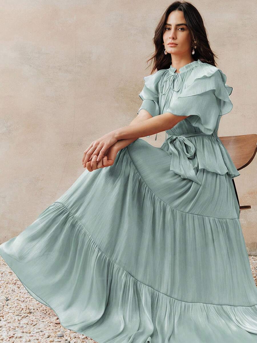 Anewsta Women's New Elegant Long Dress, Tie-Up Layered Cake Skirt, Business Casual Luxury Wedding Guest Evening Gown, Spring/Summer - Baby Blue - View 1
