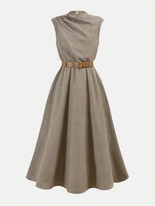 SHEIN Serisse Kids Tween女孩休閒時尚優雅棕色格紋通勤立領荷葉腰卡其色A字洋裝附腰帶 - 棕色 - 查看 2