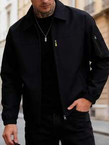 Manfinity Homme Plus Size Men's Solid Color Long Sleeve Casual Collared Jacket - Black - View 1