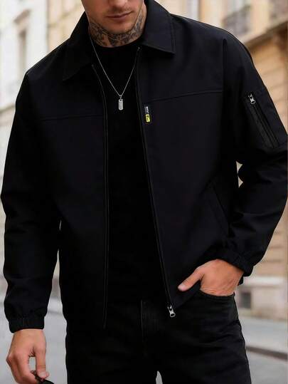 Manfinity Homme Plus Size Men's Solid Color Long Sleeve Casual Collared Jacket