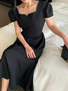 DAZY Women's Fitted Midi Dress With Collar - Black - View 1