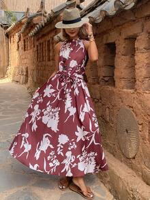 DAZY Vestido Longo Floral Vermelho Vinho Vintage Francês Sem Costas e Sem Mangas, Vestido Longo para Mulheres para Férias, Vestido de Cruzeiro, Vestido de Verão Boho para Mulheres - Vinho - Visão 3