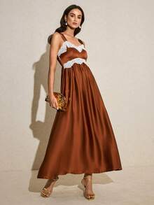 Poéselle Women's Long Floral Trim Satin Dress - Brown - View 5