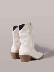Styleloop 女士白色西部靴，尖头粗跟V型开口皮靴，低跟刺绣过膝靴和踝靴 - 杏色 - 查看 4